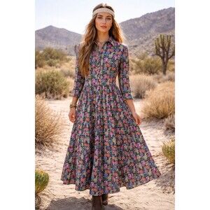 Boden Dress Womens 8R UK 12R Black Floral Maxi Long Sleeve Pockets Boho